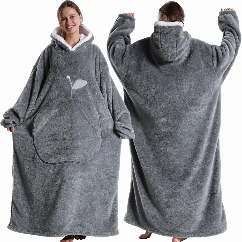 Extra Long Wearable Blankets Winter Flannel Hooded Blanket with Full Sleeves Men Women Cozy Soft Throw Adult TV Blanket