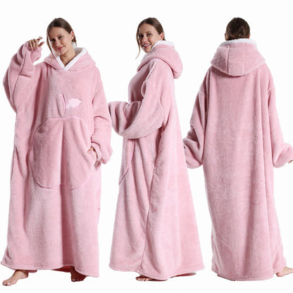 Extra Long Wearable Blankets Winter Flannel Hooded Blanket with Full Sleeves Men Women Cozy Soft Throw Adult TV Blanket