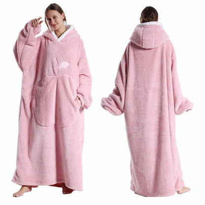 Extra Long Wearable Blankets Winter Flannel Hooded Blanket with Full Sleeves Men Women Cozy Soft Throw Adult TV Blanket